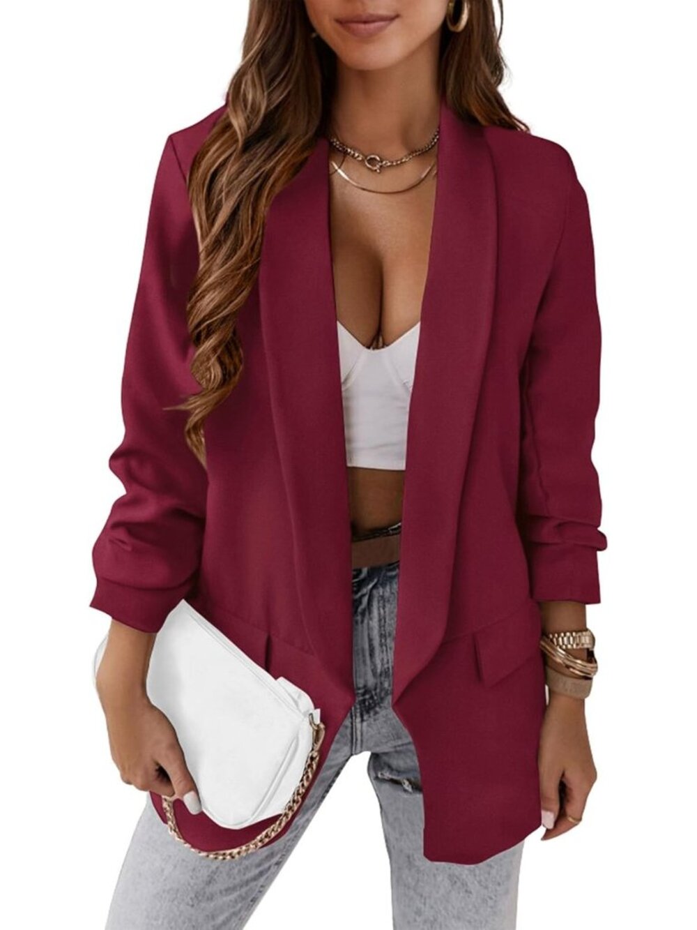 🆕Women's Wine Red Oversized Blazer Open Front Shawl Collar Casual Work Jacket